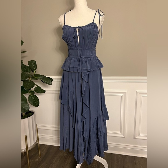ULLA JOHNSON Livinia ruffled gathered silk midi dress in Indigo Blue 0 NWT 765$ - Picture 8 of 10